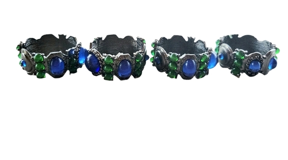 Royal blue Emeral green bead rhinestones silver tone napkin rings set of 4 - Picture 7 of 8